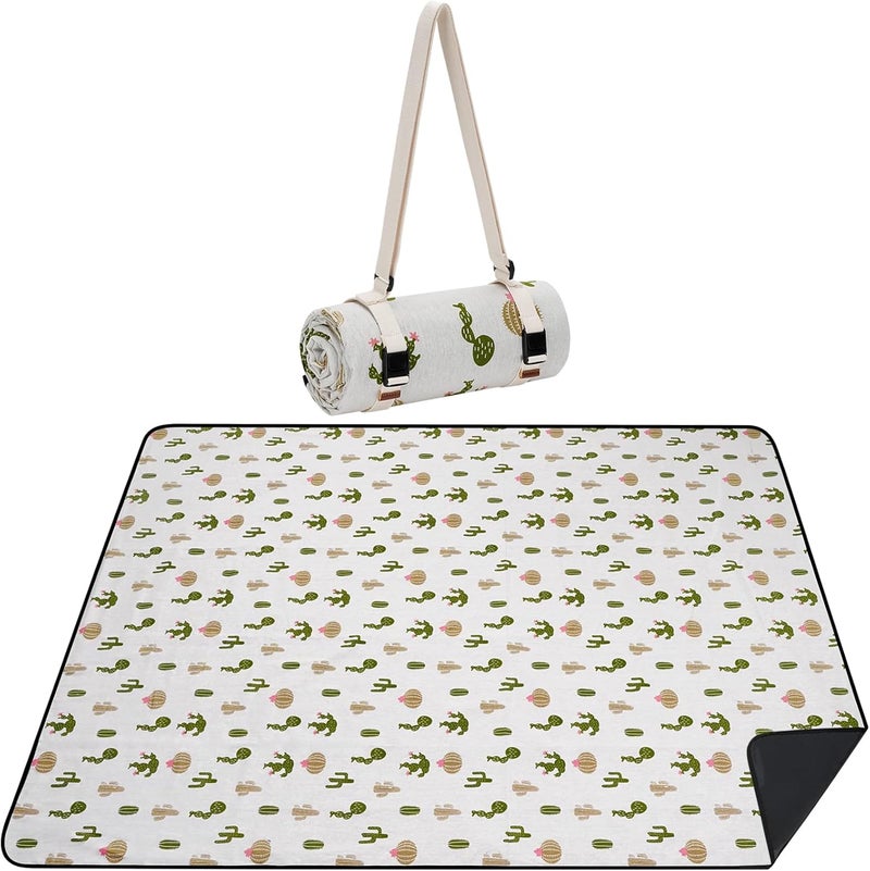 WILLOW WEAVE Picnic Blankets Washable | Beach Mat Sand Free Waterproof | Camping Blankets | Emergency Blankets | Picnic Baskets Accessories with Waterproof Backing and Shoulder Strap - Cactus - Image 1